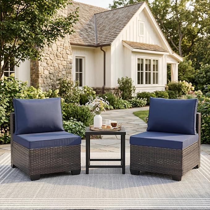 ANJ Outdoor Wicker Patio Chairs Set of 2, Modular Armless Patio Seating with Thick Cushions, All-Weather Rattan Conversation Chair Set for Porch, Balcony, Garden, Backyard, Dark Brown Wicker-Grey