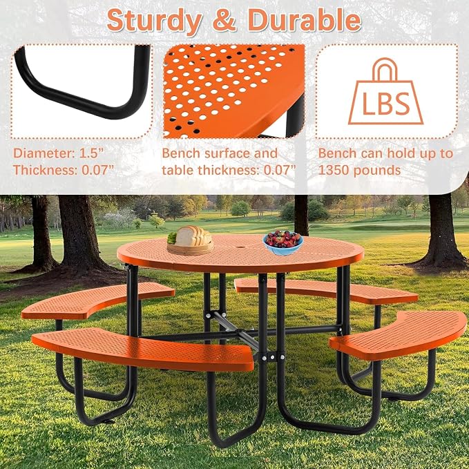 Coated Steel Heavy Duty Picnic Table for Outdoors 3200 lbs Load, Round Camping Table with Umbrella Hole up to 1.78", Commercial Picnic Table with Benches, Orange