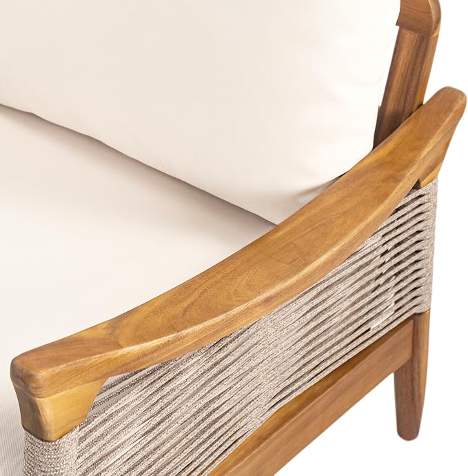Merax Acacia Wood Patio 3-Seater Sofa with Rope & Cushions | Teak-Finish Acacia Frame, Woven Rope Design, 6-Inch Cushion And Deep Seating For Porch, Garden, Backyard Or Balcony