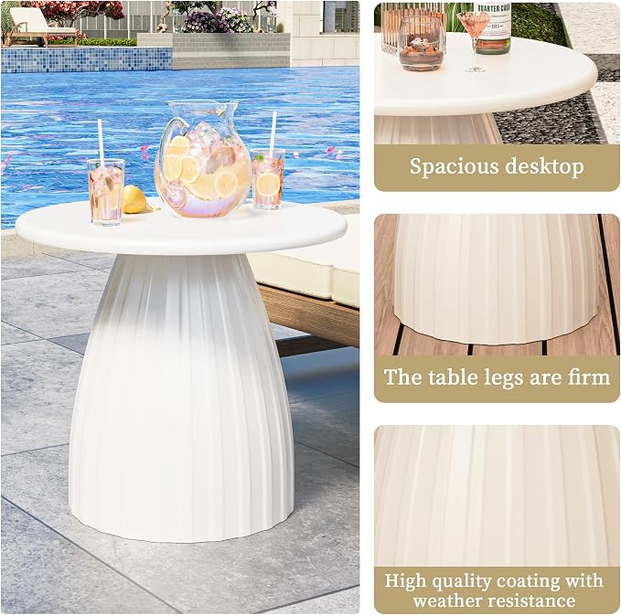 Round Small Patio Side Table, Metal Steel Outdoor Side Table, Patio Accent End Table for Garden, Pool, Deck, Balcony, Yard, Living Room, White, Weather Resistant, No Assembly