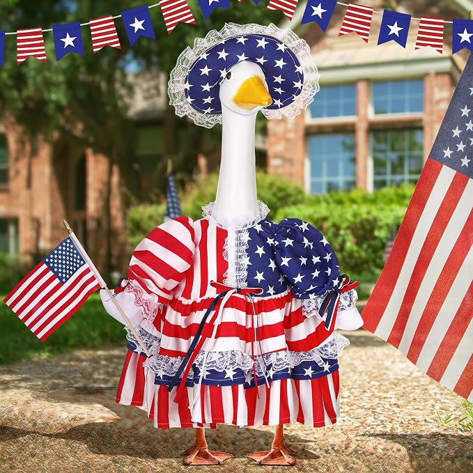 4th of July Porch Goose Outfit Patriotic Geese Clothes for 23" High Cement or Plastic Goose Costume for Yard Lawn Outdoor Garden 250th Anniversary Duck Statue Dresses Independence American Flag Decor