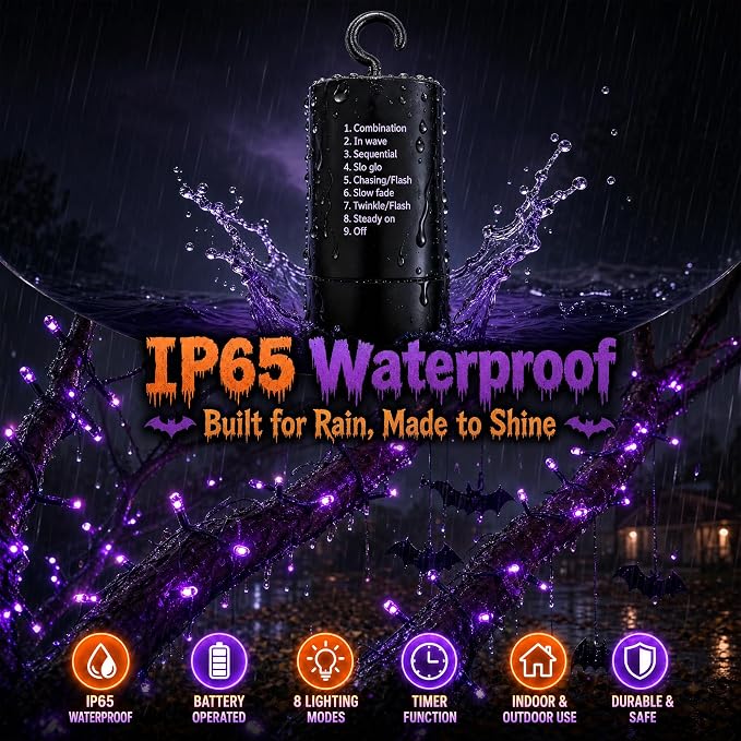 Purple Battery Operated String Lights 66FT 200LED with Remote Timer | Halloween Fairy Lights Waterproof 8 Modes with Memory Indoor Outdoor Decor for Party Bedroom Holiday