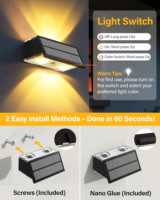 Solar Fence Lights Outdoor, 10 Pack Fence Solar Lights Waterproof | IP65 Fence Lights Solar Powered Up & Down LED Focus, 9 Color Modes, 12H Dusk to Dawn Glow for Pool/Patio/Backyard - Black