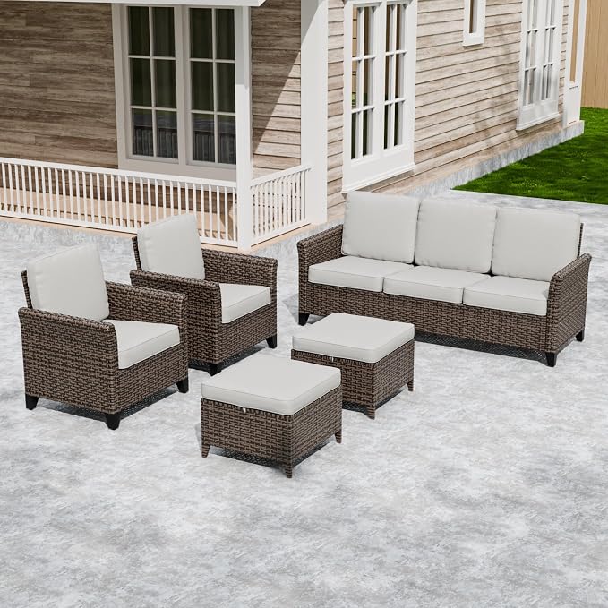 COOS BAY Harbor Retreat 5 Piece Outdoor Furniture Set, Patio Conversation Set with Patio Chairs, 3 Seat Couch and Ottomans, Wicker Furniture, Brown/Beige