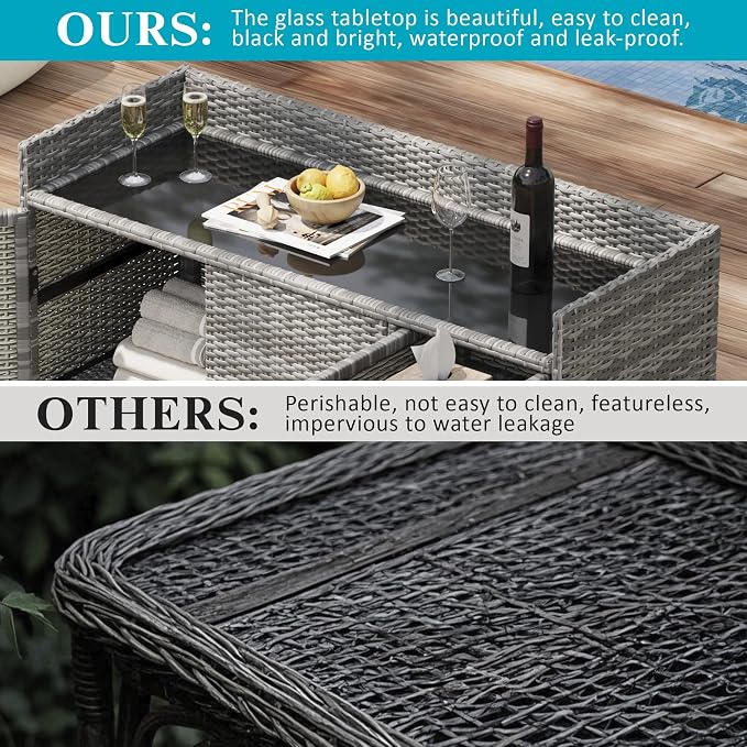 LUMISOL Outdoor Wicker Storage Cabinet with Adjustable Shelf and One Drawer, Weather-Proof Patio Bar Table with Tempered Glass Desktop, Rattan Bar Table with Three Doors for Outdoor Pool Garden, Grey