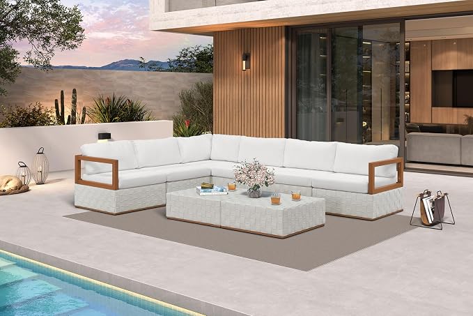 PURPLE LEAF Patio Furniture Set Coffee Table Outdoor Sectional Sofa Patio Conversation Set with Olefin-Blend Fabric and Modern PU Leather Base, Patio Couch for Porch, Balcony, Garden, White