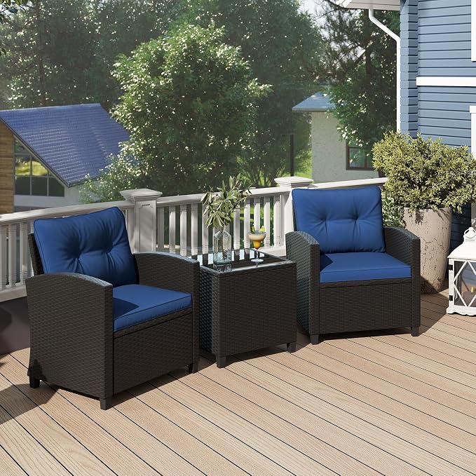 ORALNER 3 Pieces Patio Furniture Set, Wicker Conversation Set Outdoor Chairs with Cushions, Glass Coffee Table, Rattan Bistro Set for Front Porch Balcony Garden Deck Poolside (Navy)