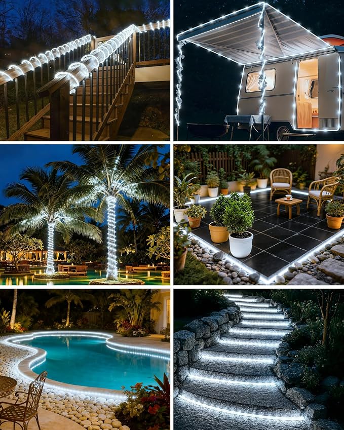 btfarm 2 Pack Solar Rope Lights Outdoor, 120LED 46FT Solar String Lights Outside Waterproof, 8 Lighting Modes Tree Trampoline Light Solar Powered for Garden Christmas Yard Party Decoration, Cool White