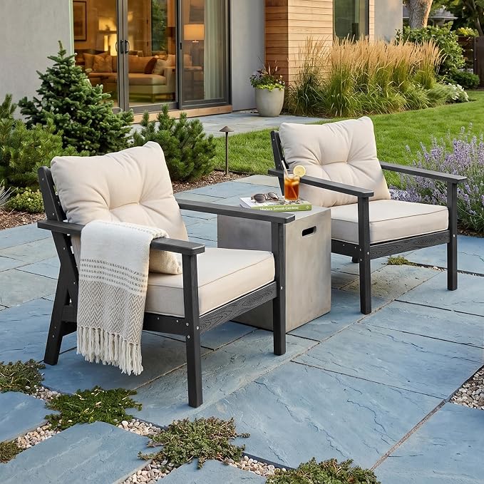 2 Seat Chair Set, HDPE Patio Conversation Set, Outdoor Patio Furniture | Water-Resistant Thick Cushion, HDPE All Weather, Wood-Grain, No Rot or Rust or Crack, UV Fade Shield, Easy-Clean for Outside