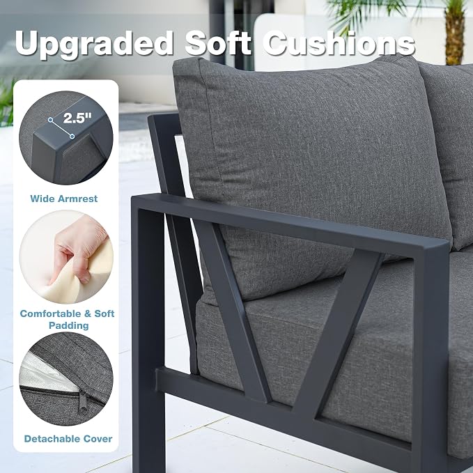 Outdoor Furniture Set, 6 Pieces Outdoor Patio Couch Sectional, L Shaped Metal Outdoor Patio Corner Sofa with 6” Thick Cushions, Outdoor Seating Conversation Set, Dark Grey