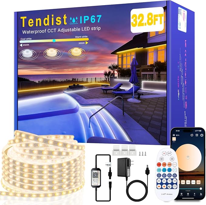 Outdoor LED Strip Lights Waterproof IP67, Dimmable 3000K-6500K Warm White LED Rope Lights Outdoor Waterproof with Remote & APP, 24v Adhesive Exterior Lighting for Patio, Deck, Gazebo (32.8FT/10M)