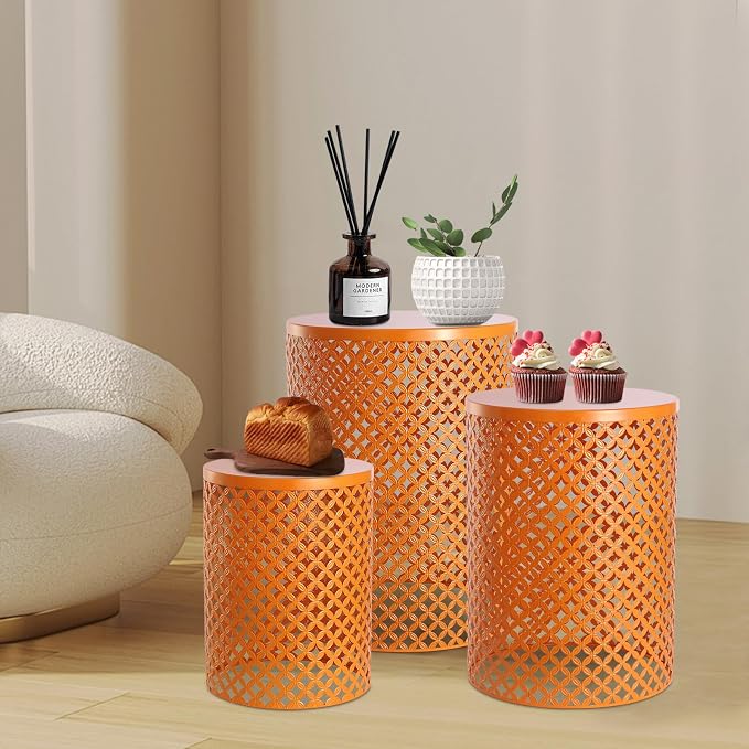 Set of 3 Outdoor Side Table, Garden Stool for Patio, Metal Accent Table Modern End Table, Patio Side Table for Garden, Balcony, Bedroom Indoor Outdoor Decorative (Orange)