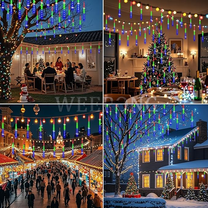 Weepong Meteor Shower Lights UL Certified 192LEDs 8 Tubes Falling Rain Drop Christmas Icicle Cascading Lights for Xmas Tree Halloween Decorations Wedding Party Holiday Garden Decor, Multicolor