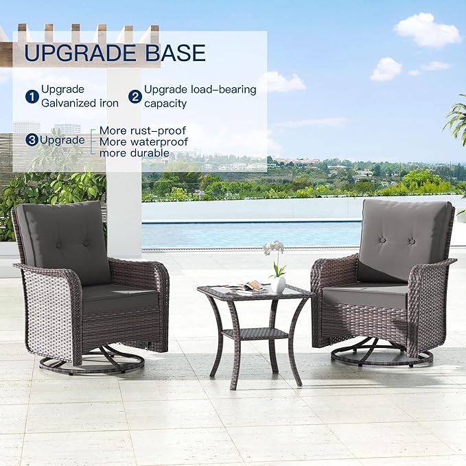 Kullavik 5 Pieces Outdoor Swivel Chairs Set,Patio Wicker Rocker Chairs with 4" Thick Cushions,Side Table and Ottomans,Patio Conversation Furniture Set for Patio Porch Deck Backyard,Grey