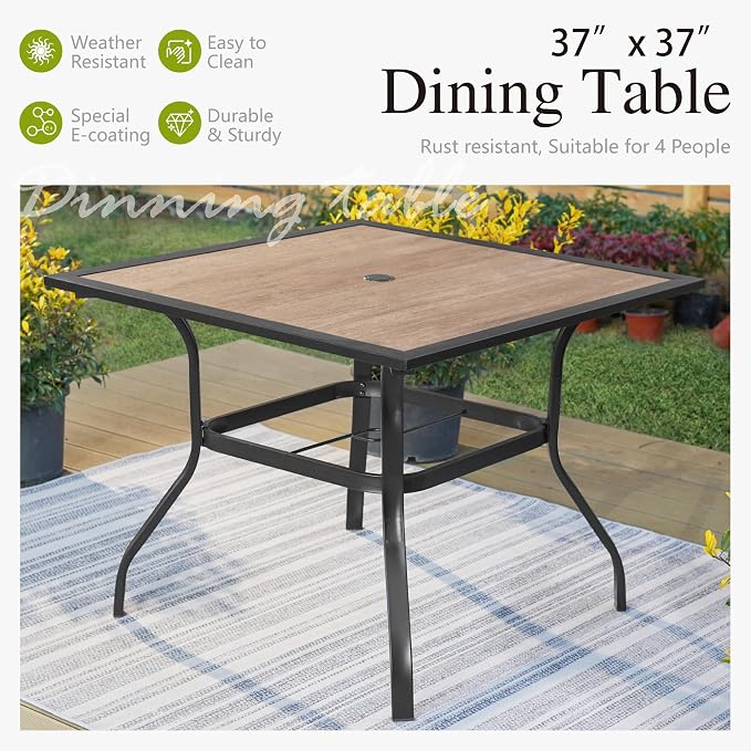 Sophia & William Patio Dining Set 5 Piece Outdoor Table Furniture Set - 4 Padded Swivel Dining Chairs and 1 Square Metal Table with Umbrella Hole & Wood-Like Top