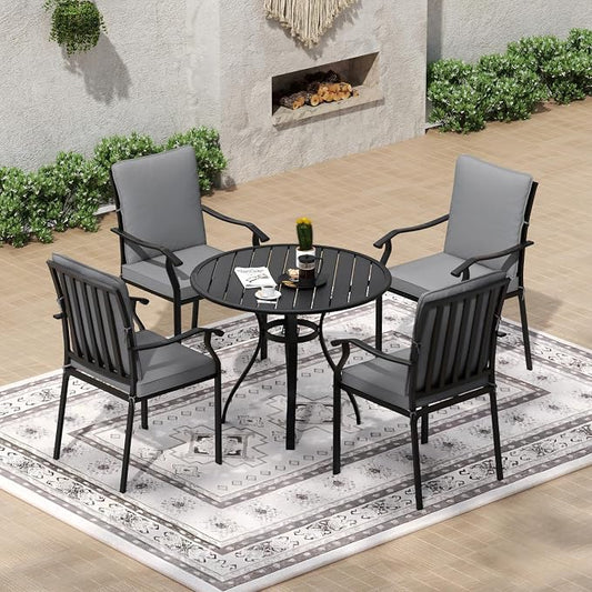 5 Piece Outdoor Patio Dining Set, 36’’ Round Dining Table with Umbrella Hole & 4pcs Metal Dining Chairs, Outdoor Furniture Dining Set for Patio, Balcony, Lawn, Garden, Backyard