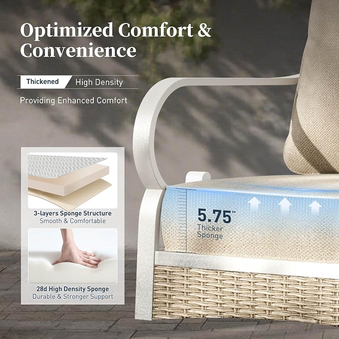 SUNSHINE VALLEY 4 PCS Metal Outdoor Patio Furniture Set, Patio Conversation Set 1 3-seater Sofa, 2 Rocking Chairs with 5.75" Extra Thick Cushion and Coffee Table, White Frame Backyard Furniture, Beige