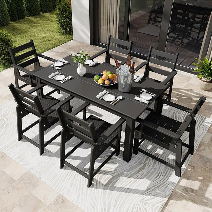 GREENVINES 7 Piece HDPE Outdoor Patio Dining Set, Removable Armrests, Black