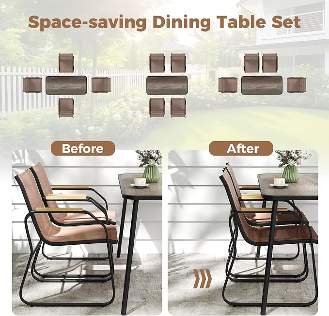 Tangkula 5 Pieces Patio Dining Sets, Outdoor Rectangular Dining Table & 4 Fabric Chairs with Wood-Like Armrests & Metal Frame, Patio Furniture Set for Garden Yard Porch Deck Poolside (Brown)