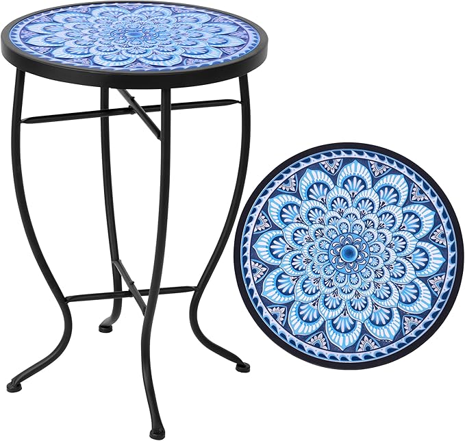 Elevon 14 Inch Round Side Ceramic Tile Top Indoor and Outdoor Accent Table, Greek
