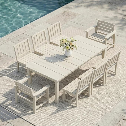 Kingdura 9 Piece Patio Dining Set for 8, 75.2'' HDPE Outdoor Dining Table Set with 2" Umbrella Hole, Weather-Resistant Outdoor Furniture, Table and Chairs Set for Backyard Pool Garden, White