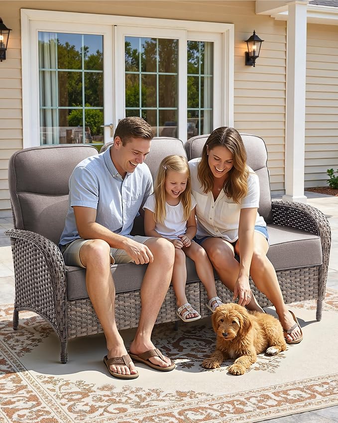 8-Piece Luxury Patio Furniture Set with 42.5" Fire Pit Table, Outdoor Wicker Sofa Couch & Swivel Rocker Chairs with 6-inch Thick Cushion, Conversation Set for Poolside, Deck & Yard - Gray