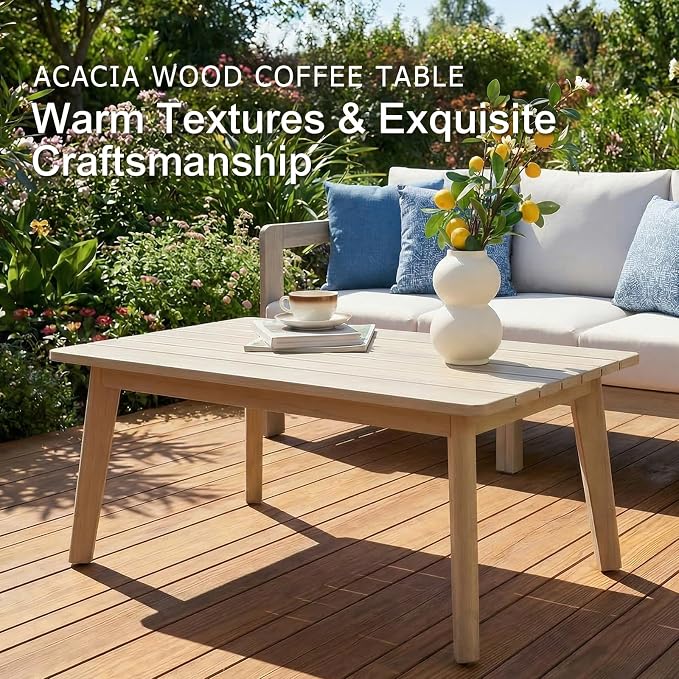 SUNSITT 4-Piece Outdoor Patio Furniture Set, Acacia Wood Conversation Set w/ 6.7" Thick Cushions, Curved Backrest Design, Modern Outdoor Set w/ 3-Seater Couch, Natural Color and Beige Cushions