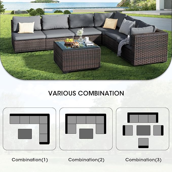 Patio Furniture Set 7 Pieces, Rattan Outdoor Sectional Conversation Sets, All Weather Outdoor Furniture Set with Cushions for Garden Lawn Balcony Porch Deck Grey
