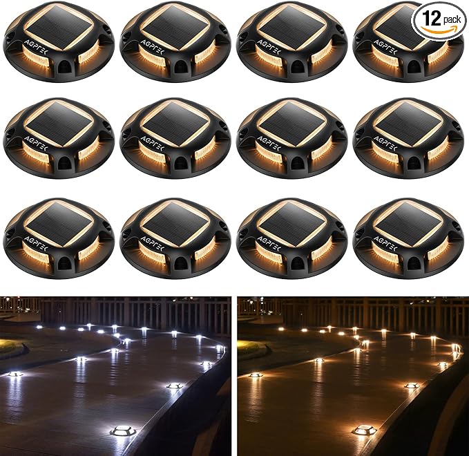 AGPTEK Solar Driveway Lights Outdoor 12 Pack, 2 Color Modes LED Deck Dock | Marine Waterproof Driveway Marker Lights for Step Sidewalk Stair Garden Pathway Walkway Yard (Warm White/Cool White, Black)