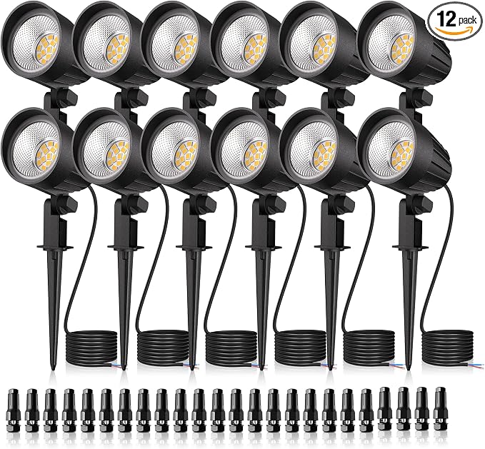 MEIKEE 7W 12V/24V Low Voltage Landscape Lights | 2700K Landscape Lighting IP66 Outdoor Spotlights Warm White Garden Lights with Connectors for Pathway Yard Patio 12 Pack