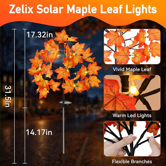 Fall Decorations Outdoor Solar Lights, 2Pcs Thanksgiving Lights 40LED 80 Maple Leaves Stake Light Waterproof 8 Lighting Modes for Autumn Patio Garden Yard Outside Halloween Thanksgiving Decorations
