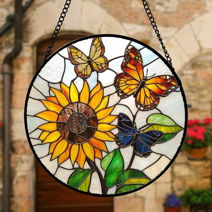 DASTOLL Stained Glass Window Hanging, Butterfly and Sunflowers Sun Catchers Glass Panel Plant Insects Suncatcher Decor for Birthday for Women, Men, Wife, Aunt, and Mom 7.8 in