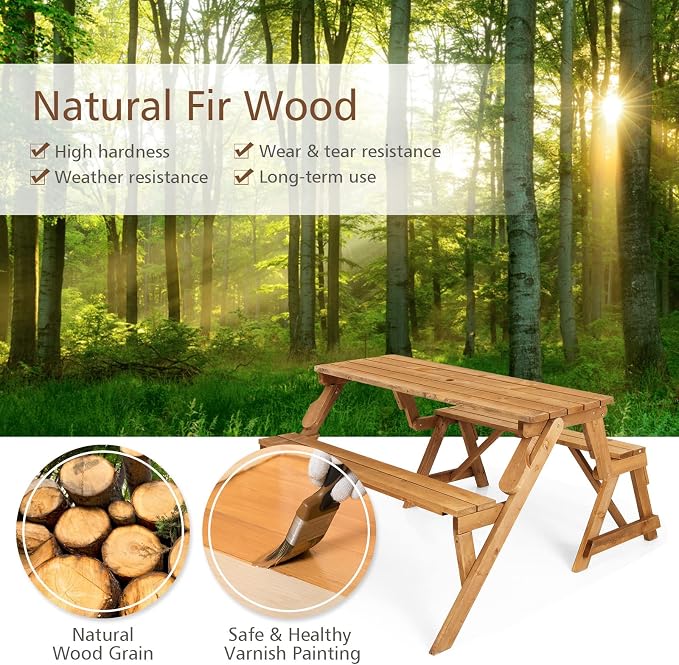 Tangkula 2-in-1 Convertible Wooden Picnic Table, Transforming Interchangeable Outdoor Bench Table with Umbrella Hole, Collapsible Picnic Table and Bench for Garden, Backyard, Porch, Patio