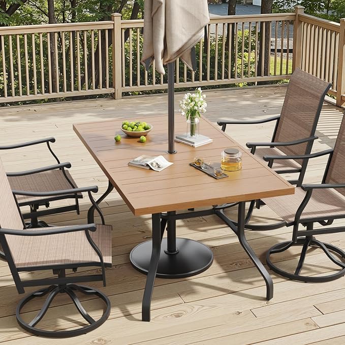 Soohow Outdoor Patio Table with 1.57" Umbrella Hole, 60"x35" Outdoor Dining Table Wood-Like Texture, All-Weather Metal Frame Patio Dining Tables for Poolside, Deck, Proch
