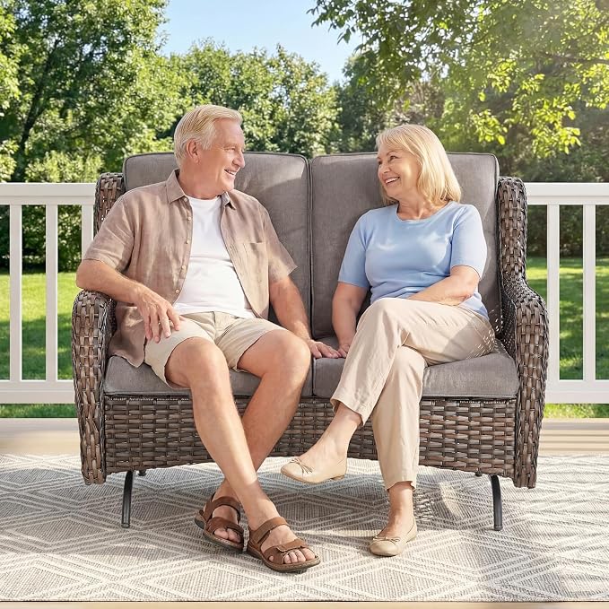 Patio Loveseat Sofa, Outdoor Wicker Loveseat with Luxury Thick Cushion, All-Weather Patio Furniture Set, Outdoor Glider Bench for Garden Balcony Backyard(Brown Wicker/Grey Cushion)