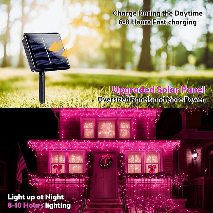 Solar Fairy Lights, 2 Pack Total 400LED 144FT Waterproof String Lights | Pink, Copper Wire, 8 Lighting Modes Solar Twinkle Lights for Tree Garden Patio Party Outdoor Christmas Decorations