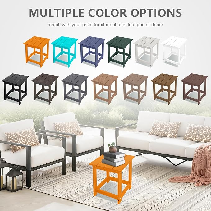 LZRS Patio End Table, Heavy Duty HDPE Outdoor Coffee Table with Wood Texture, Weatherproof Composite Table for Adirondack Chairs, Deck, Pool, Indoor/Outdoor, No Peeling or Cracking(Orange)