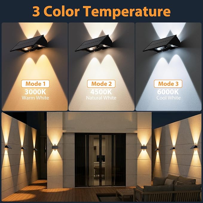 Solar Wall Lights Outdoor,8 PACK 3000/4000/6000K 3 Modes Up and Down Solar Fence Lights P65 Waterproof Dusk to Dawn Focused Beam Fence Lights Solar Powered for Porch /Patio/Backyard/Garage/Wall Decor