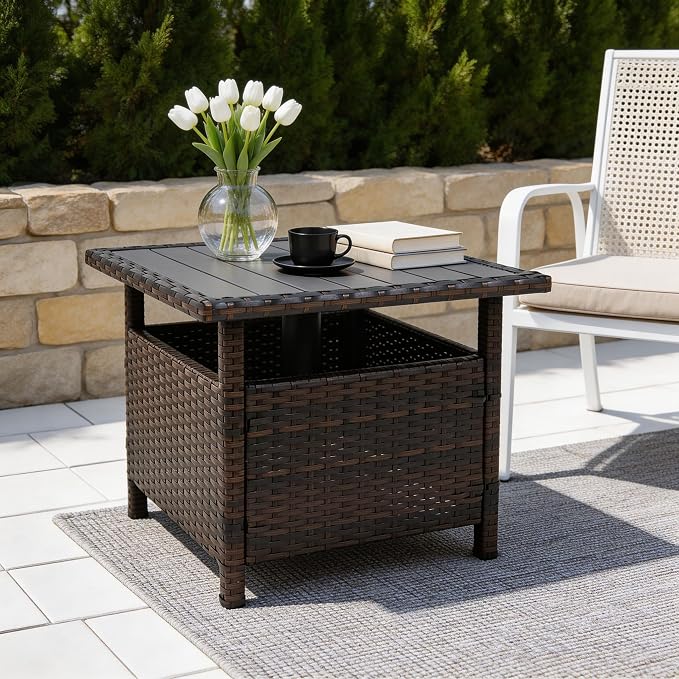 Sundale Outdoor Umbrella Stand with 2 Weight Bags, Patio 22 in Wicker Side Table with Umbrella Hole, All Weather Small Rattan Umbrella Base for Deck Yard Poolside Porch, Brown