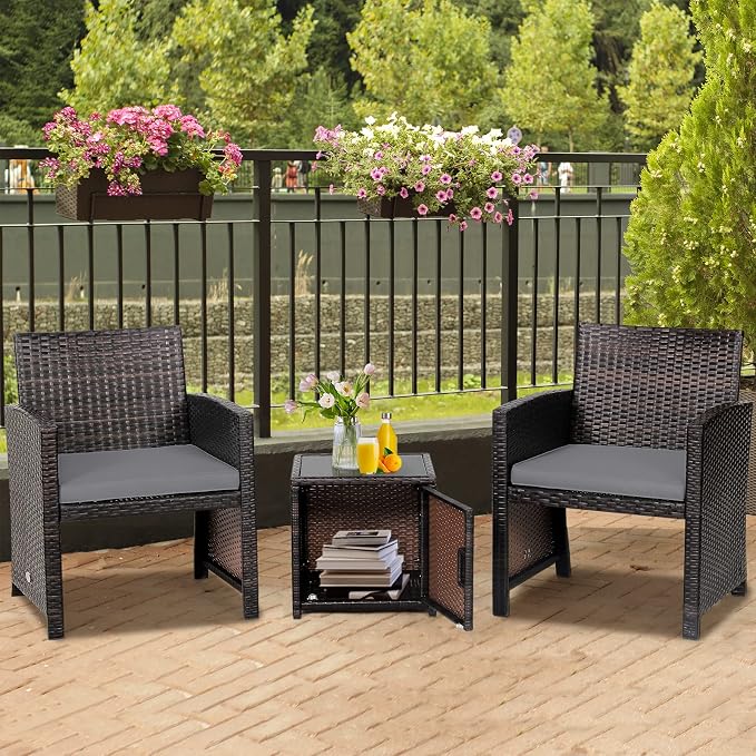 Tangkula 3 Pieces Outdoor Wicker Conversation Set with Waterproof Cover, 2 Patio PE Rattan Cushioned Chairs with Side Storage Table, Suitable for Front Porch, Balcony, Garden, Poolside and Yard (Grey)