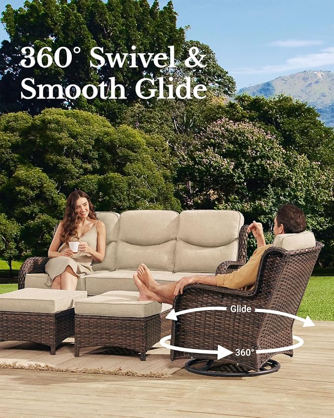 HILLGA Luxury Outdoor Patio Furniture Set with 6-Inch Thick Cushions, High Back Wicker Swivel Rocker Chairs, 13 Pcs All Weather Conversation Set for Large Deck, Yard and Poolside, Beige (V3)