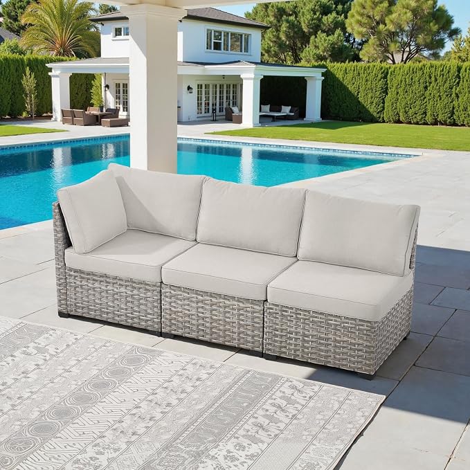 Modular Outdoor Couch Wicker Patio Sofa - High Backrest Wicker Sofa with Removable 4” Cushions All-Weather 3 Seater Seating Patio Couch for Deck Proch Balcony Backyard