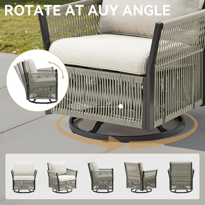 Patio Furniture Set Outdoor/Indoor, Wicker Patio Sofa, 5pcs Furniture Set with Swivel Rocker Chairs, Side Table, and Ottomans for Backyard, Garden, Poolside(Beige)