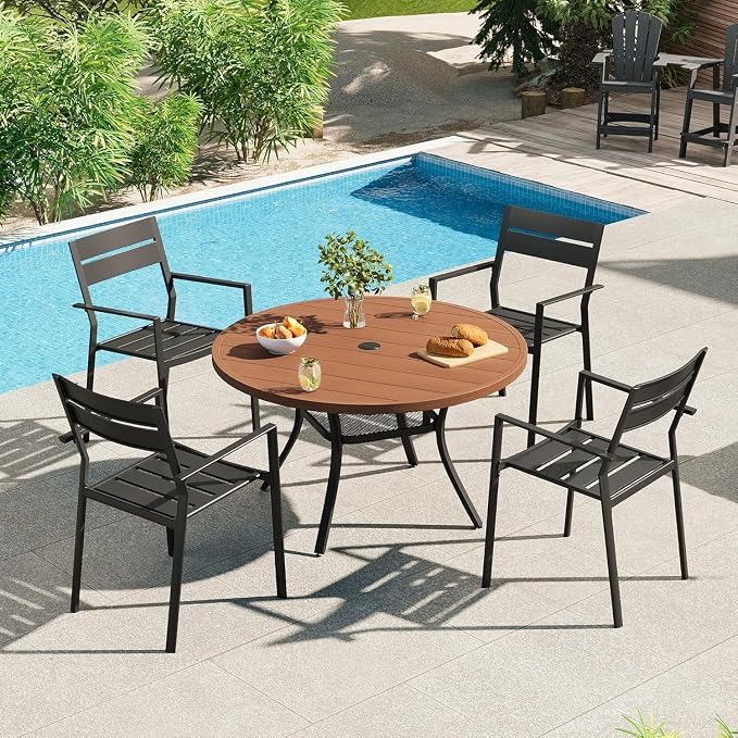 VICLLAX 40.6" Round Metal Outdoor Dining Table for 4, Patio Table with Umbrella Hole and Storage Shelf for Garden, Lawn, Deck, Walnut