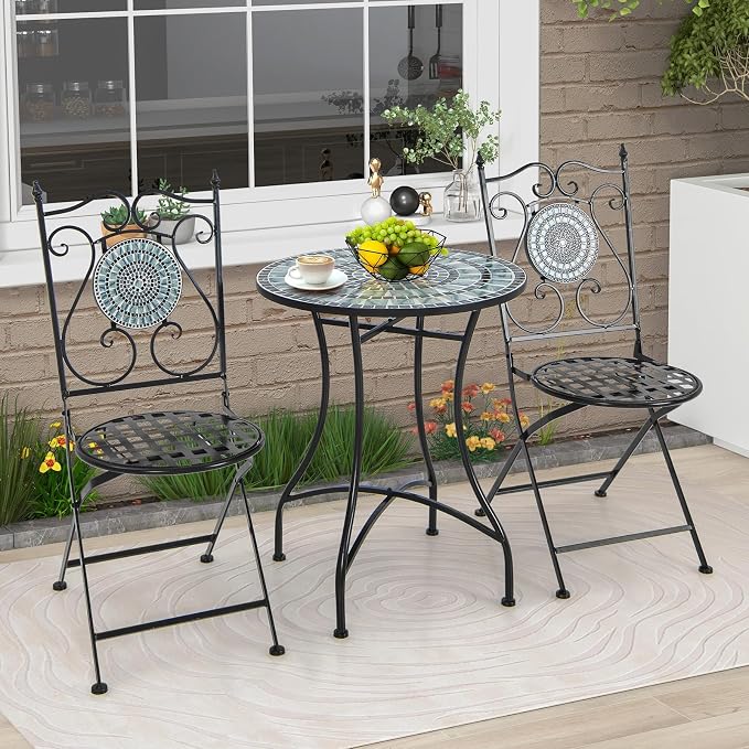 Giantex 24 Inch Patio Bistro Table, Mosaic Round Table w/Ceramic Tile Tabletop, Heavy-Duty Metal Structure, Outdoor Dining Table for Backyard, Garden, Porch (Blue & Black (Sun Pattern))