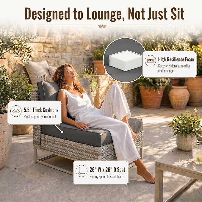 12-Piece Outdoor Patio Furniture Set, Modern PE Wicker Outdoor Sectional Sofa with Storage Armrests & 5.5" Thick Cushions, L-Shaped Couch for Deck, Porch, Backyard, Charcoal Gray