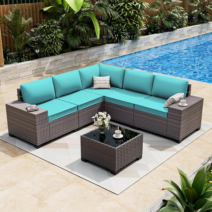 ALAULM 6 Pieces Patio Furniture Set, Oversized Seat/Armrest and High Back Wicker Sectional Furniture Set with Thick Cushion for Backyard, Garden, Red