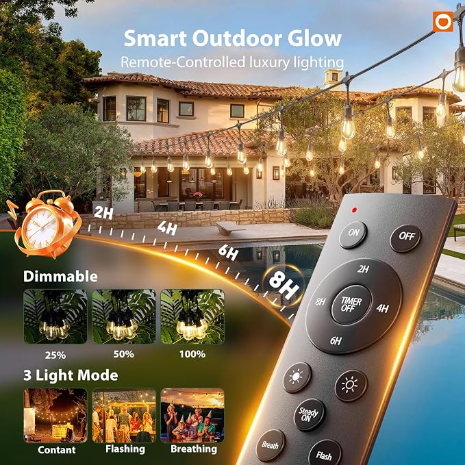 addlon 100FT Outdoor String Lights with Remote Dimmable Waterproof Patio | 50 Warm White Edison Bulbs, Heavy Duty Shatterproof Hanging Strand for Outside Backyard Porch Garden Bistro Pergola Party