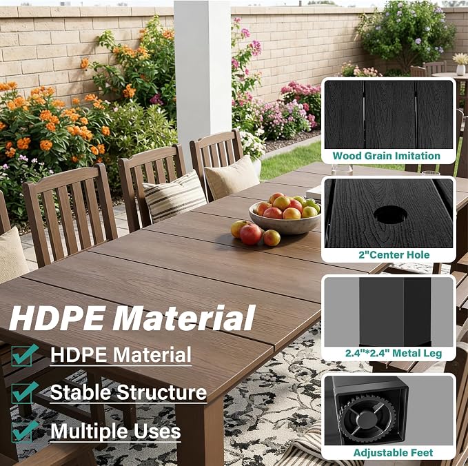 11 Piece Outdoor Dining Table for 10, HDPE Patio Furniture, Brown | 89.4” table,Large family 10 person dining set, mixed chair eco-friendly HDPE, heat and moisture resistant for outdoor dining
