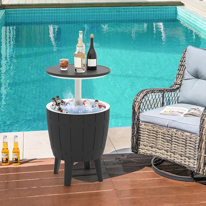 COSTWAY Outdoor Cooler Bar Table, 10 Gallon Cooler with Height Adjustable Tabletop, 3-in-1 Ice Bucket for Beer & Wine, All-Weather Cocktail Table for Backyard, Party, Poolside (Black)